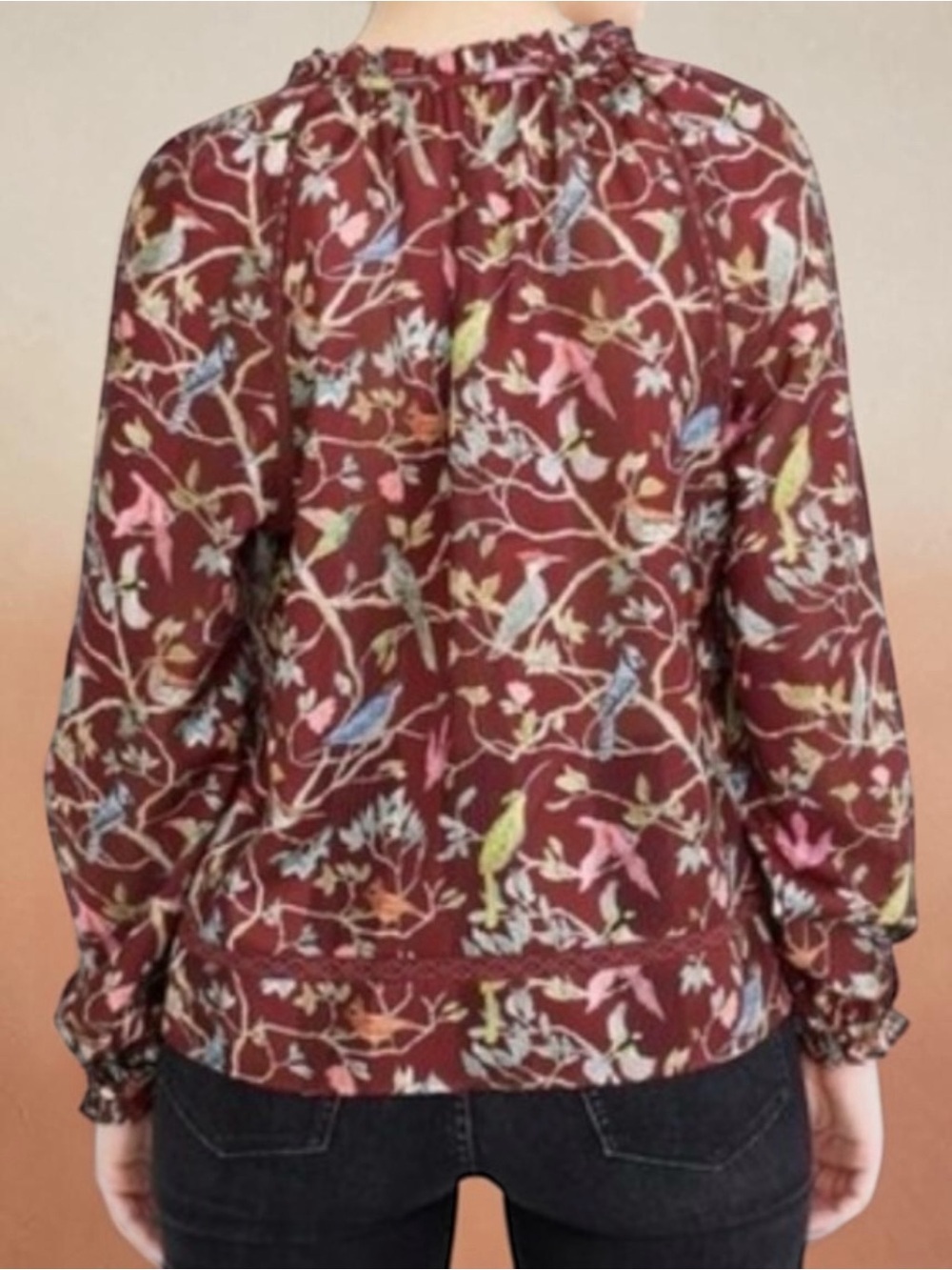 J. Crew Point Sur Deep Brown Ruffle Blouse Cottage Bird Print Semi Sheer Top - Picture 6 of 9